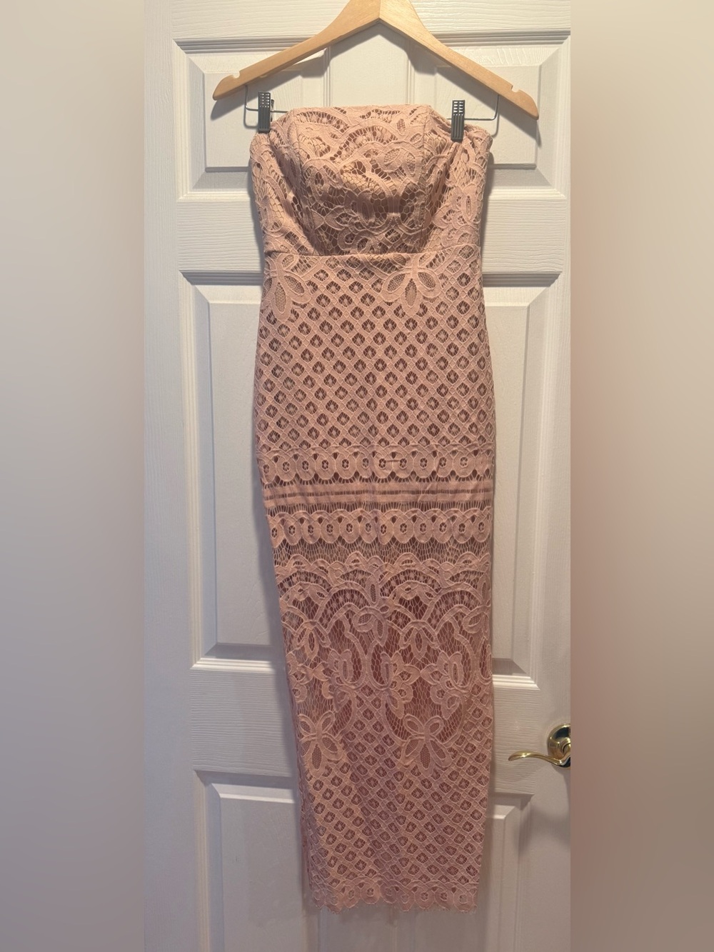 Petal & Pup Strapless Lace Midi Dress in Dusty Pink
